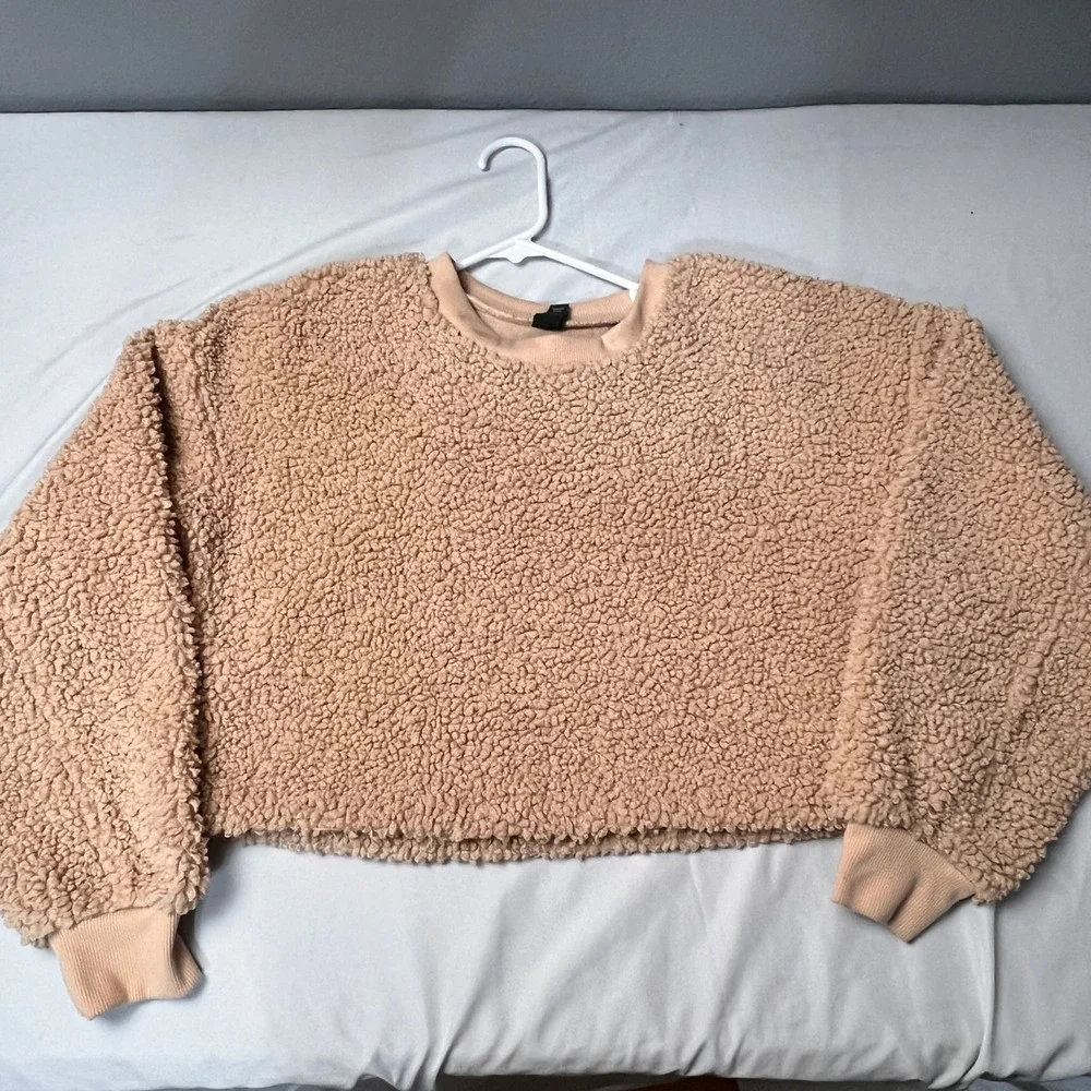 Wild Fable Tan Faux Fur Sherpa Cozy Cropped Sweatshirt S Relaxed Borg Pullover - Picture 2 of 9